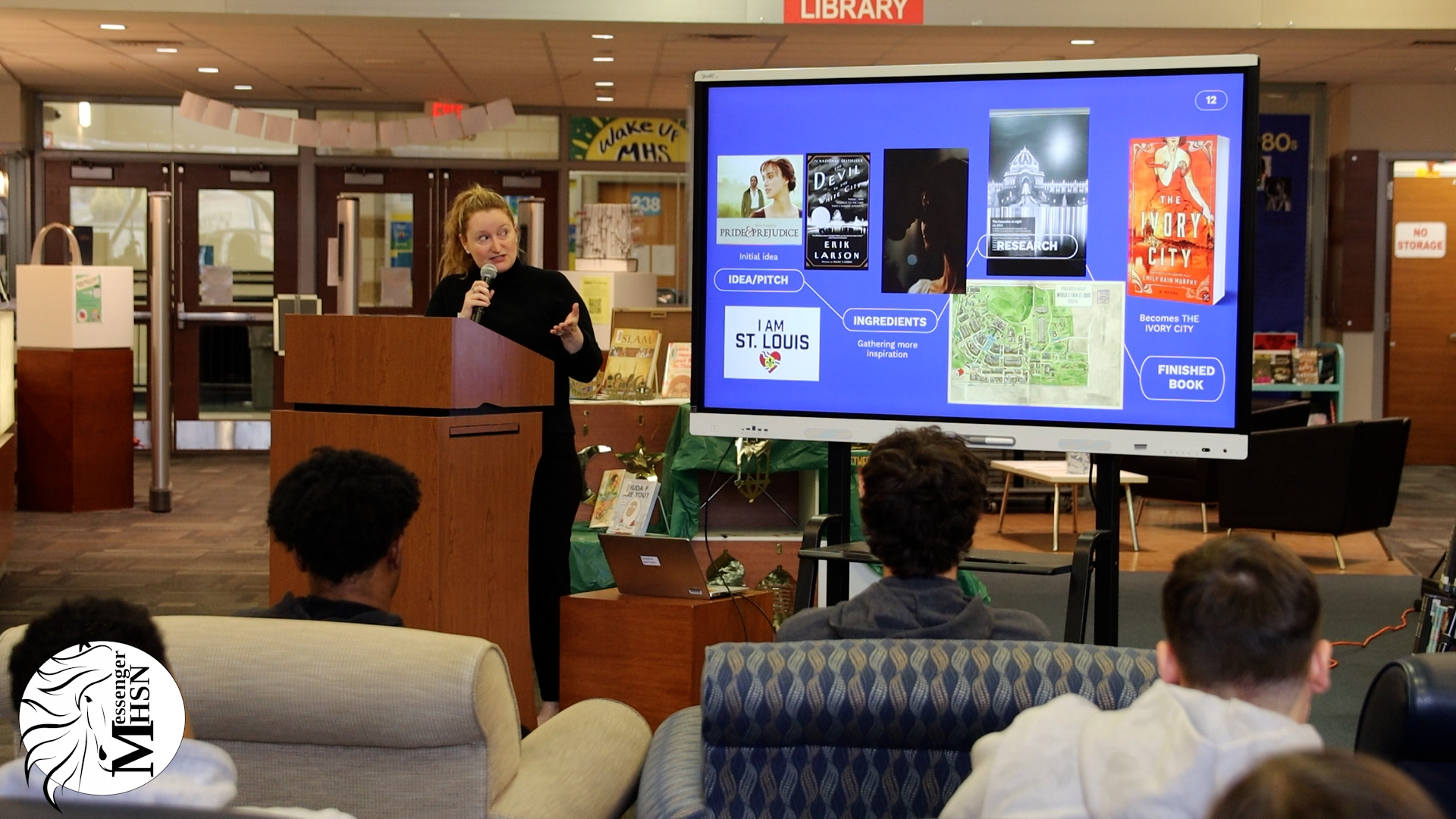 Author Emily Bain Murphy visited students in the Library on Tuesday, Feb. 24, to talk about her new book The Ivory City, which is set in St. Louis and focuses on the 1904 World's Fair. 