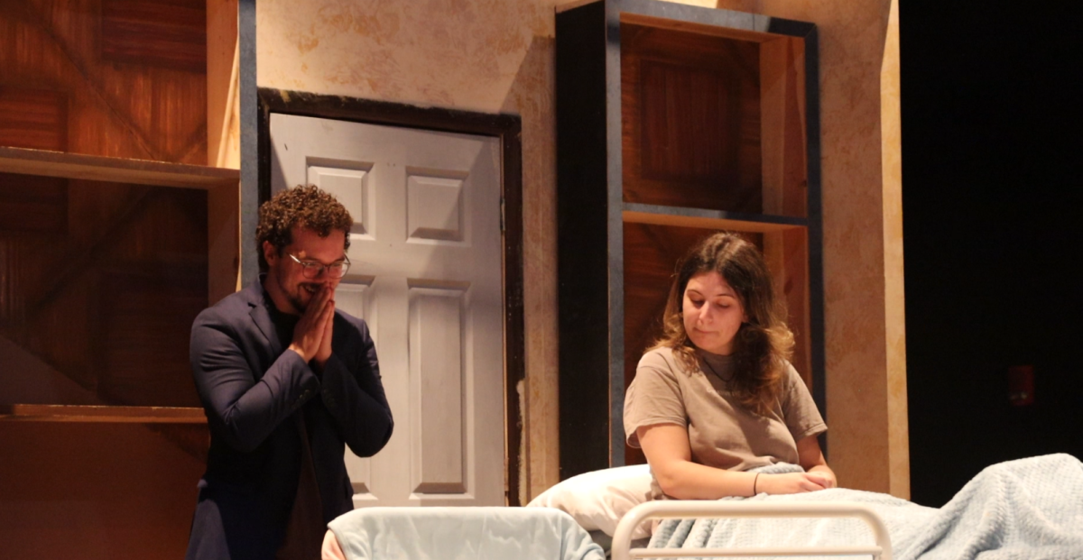 Bryce Miller, hall monitor, practices for his role in the New Jewish Theatre production of "The Wanderers." The story focuses on two marriages and personal freedoms.
